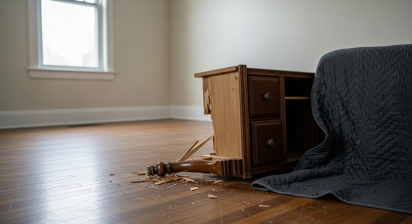 A woman crouches beside a badly damaged antique wooden dresser on a bare hardwood floor, her hand resting on the cracked frame.