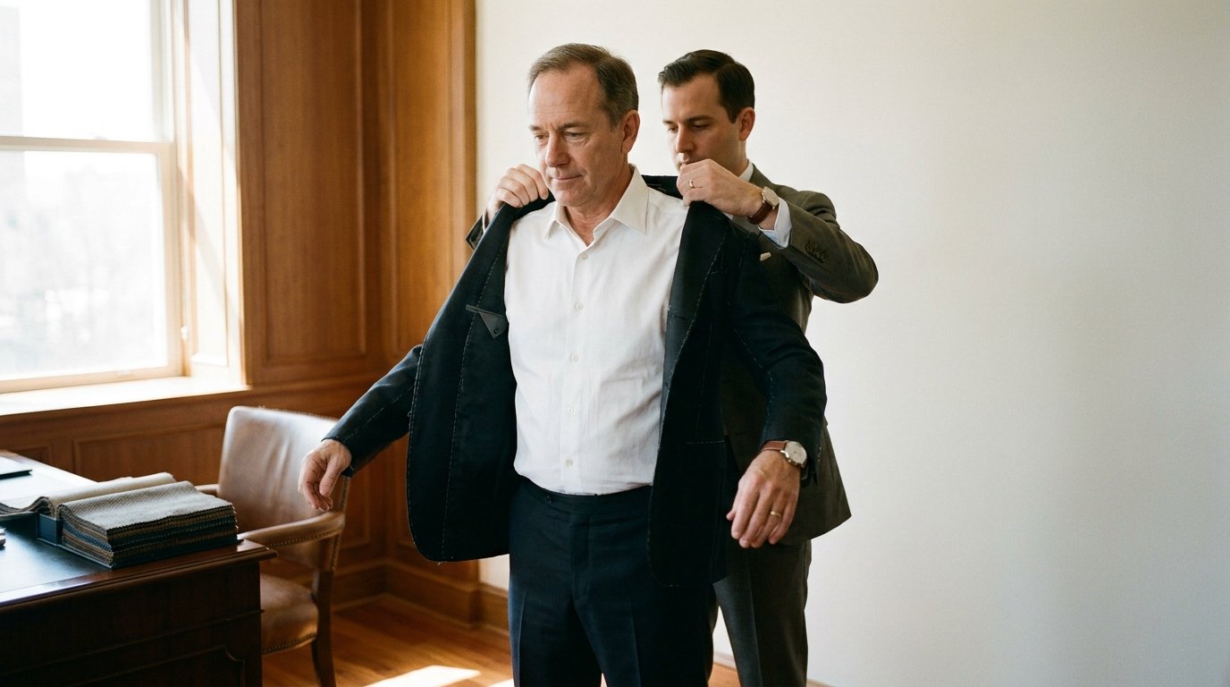 A clothier adjusts the back of a jacket on a male executive standing in a well-appointed private office in warm natural light.