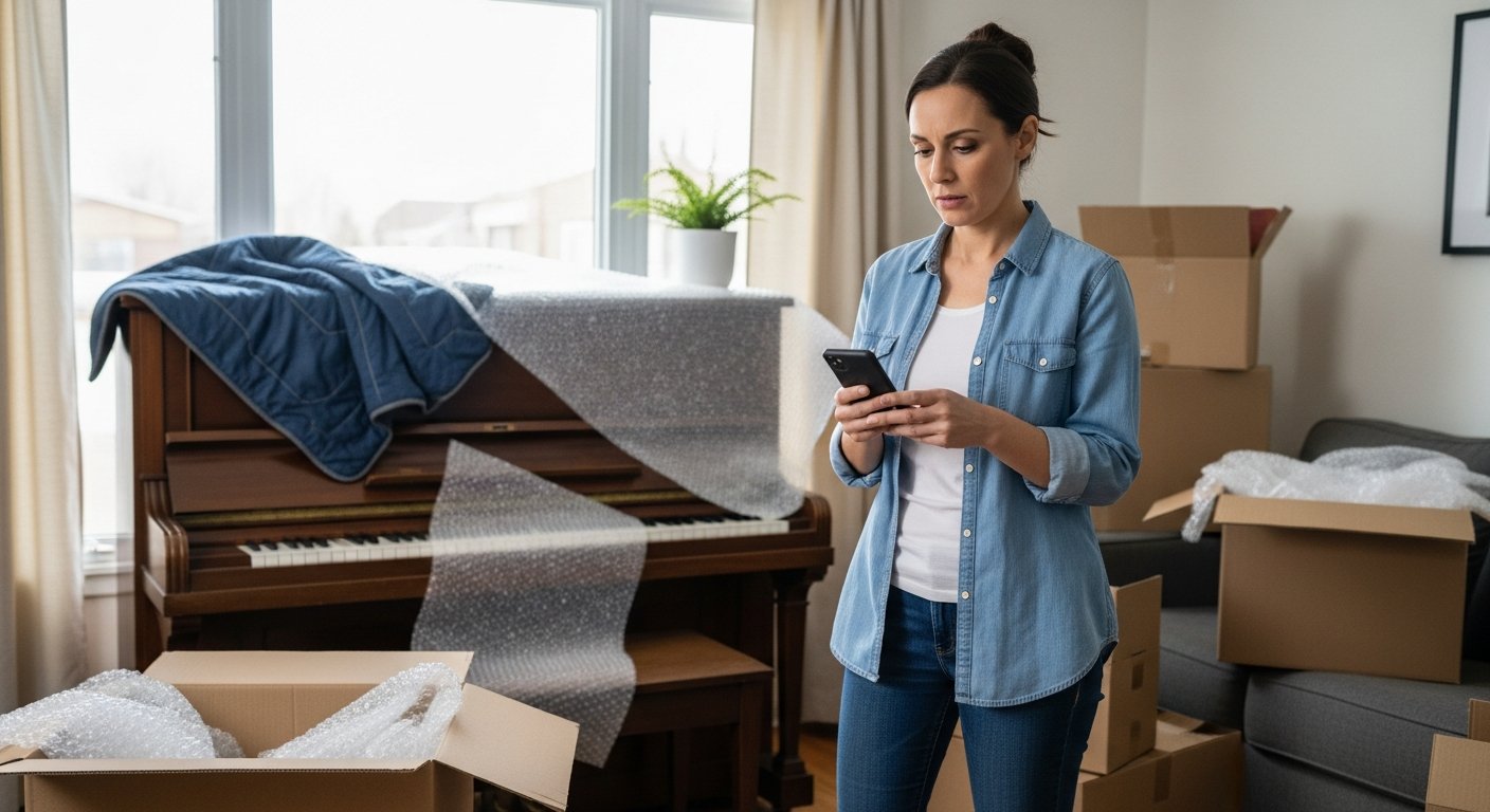 A woman stands at her open front door looking uneasily toward a plain unbranded moving truck in the driveway, boxes stacked on the porch beside her.