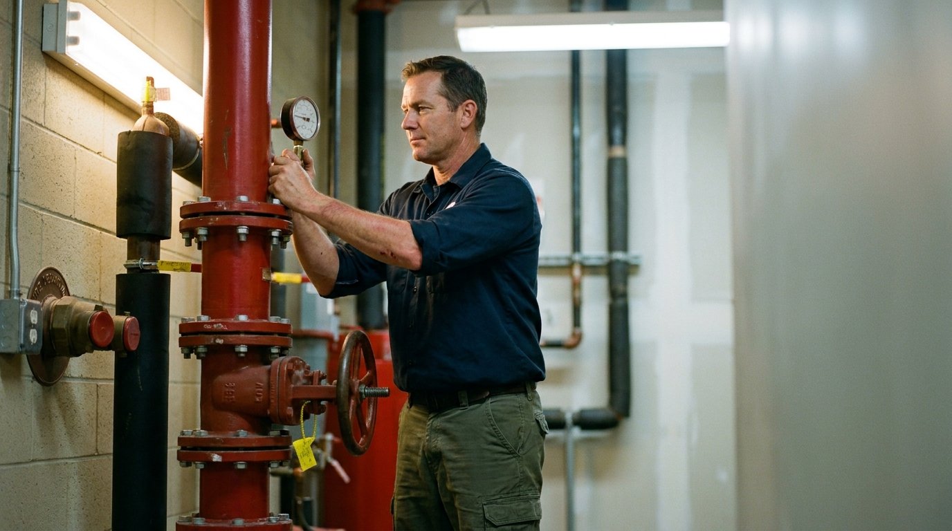 Fire protection technician in workwear reading a pressure gauge on a red sprinkler riser in a concrete mechanical room.