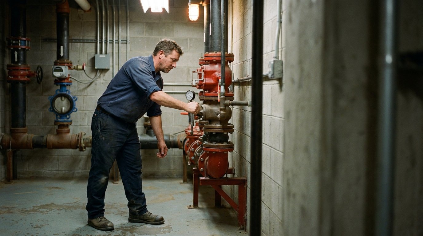A fire protection technician and a property manager stand together at a large sprinkler riser assembly inside a commercial mechanical room.