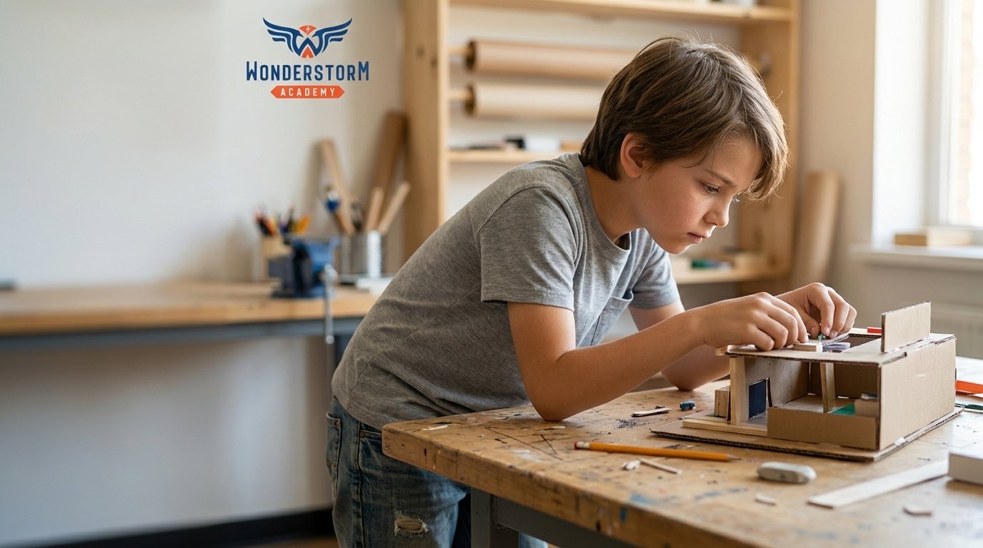 A preteen student gestures across a worktable covered in project materials while two peers lean in and listen in a bright open studio classroom.