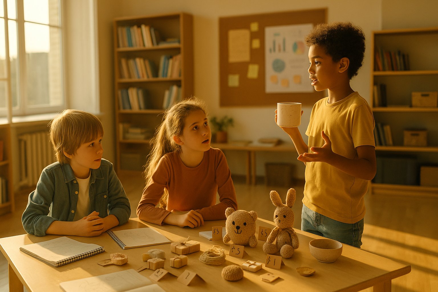 A middle-school student leans forward behind a small wooden market stall, presenting a handmade product to a customer at an outdoor school market.