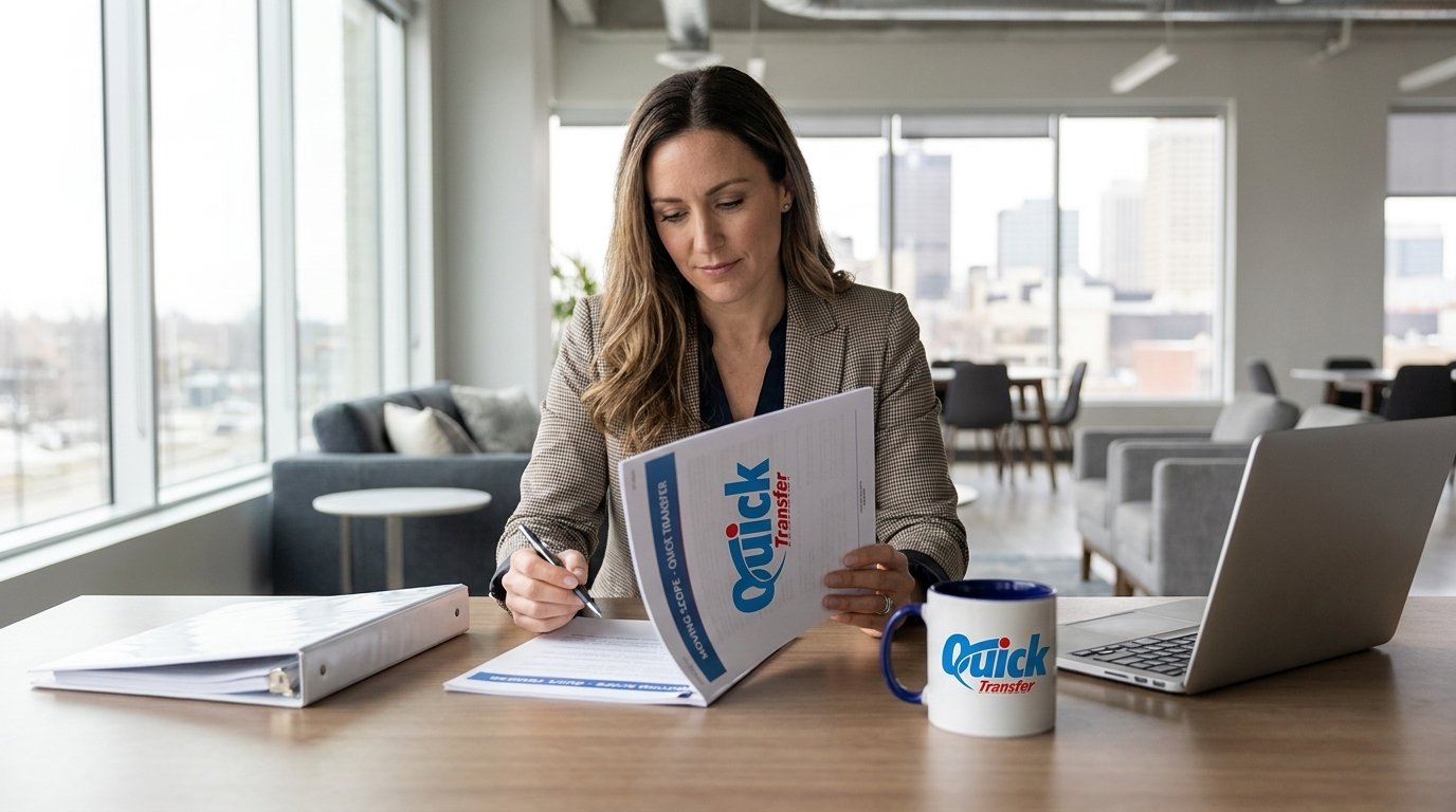 An HR professional in a blazer stands at an office desk, phone to her ear, one hand pressed flat on the surface, expression focused and strained.
