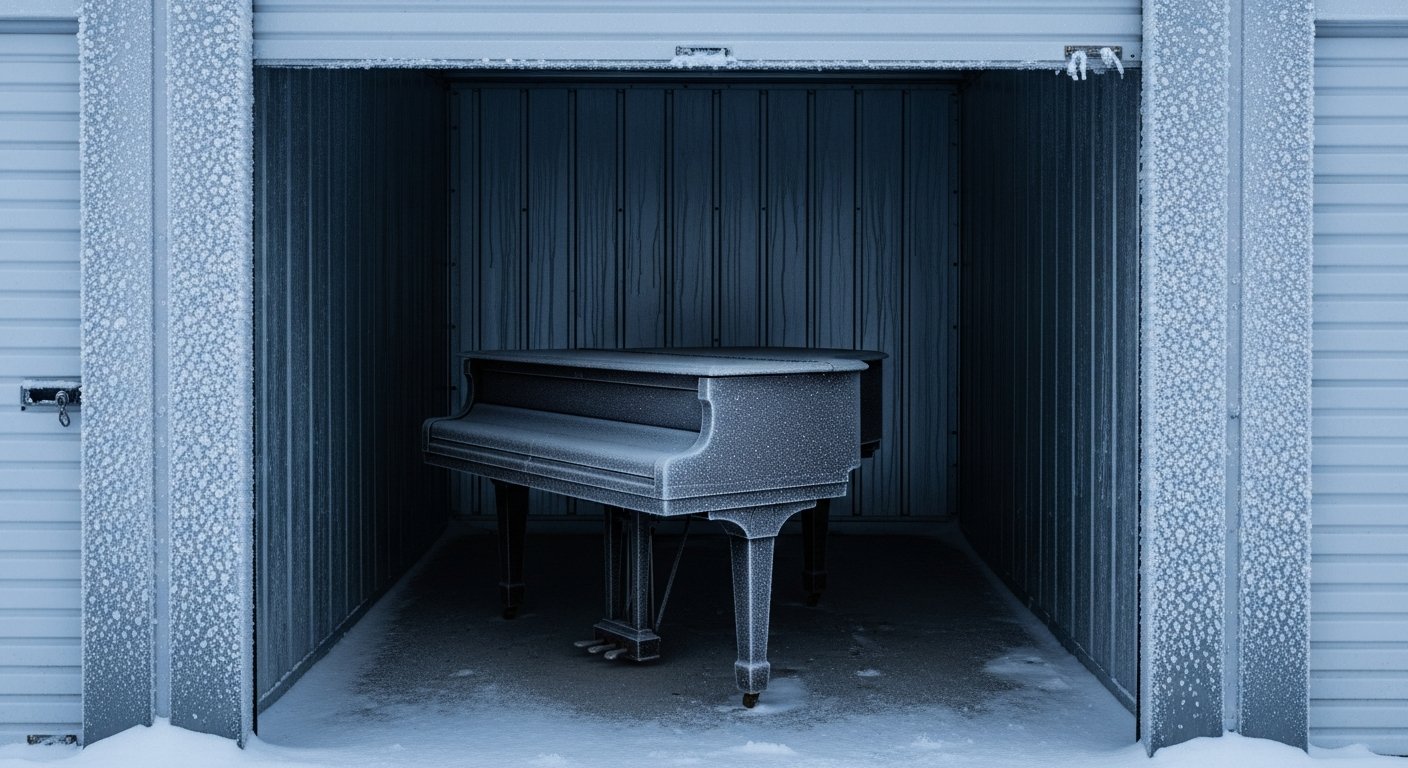 A mover in a dark polo shirt crouches beside an open baby grand piano in a dim storage unit, examining a cracked and split spruce soundboard.