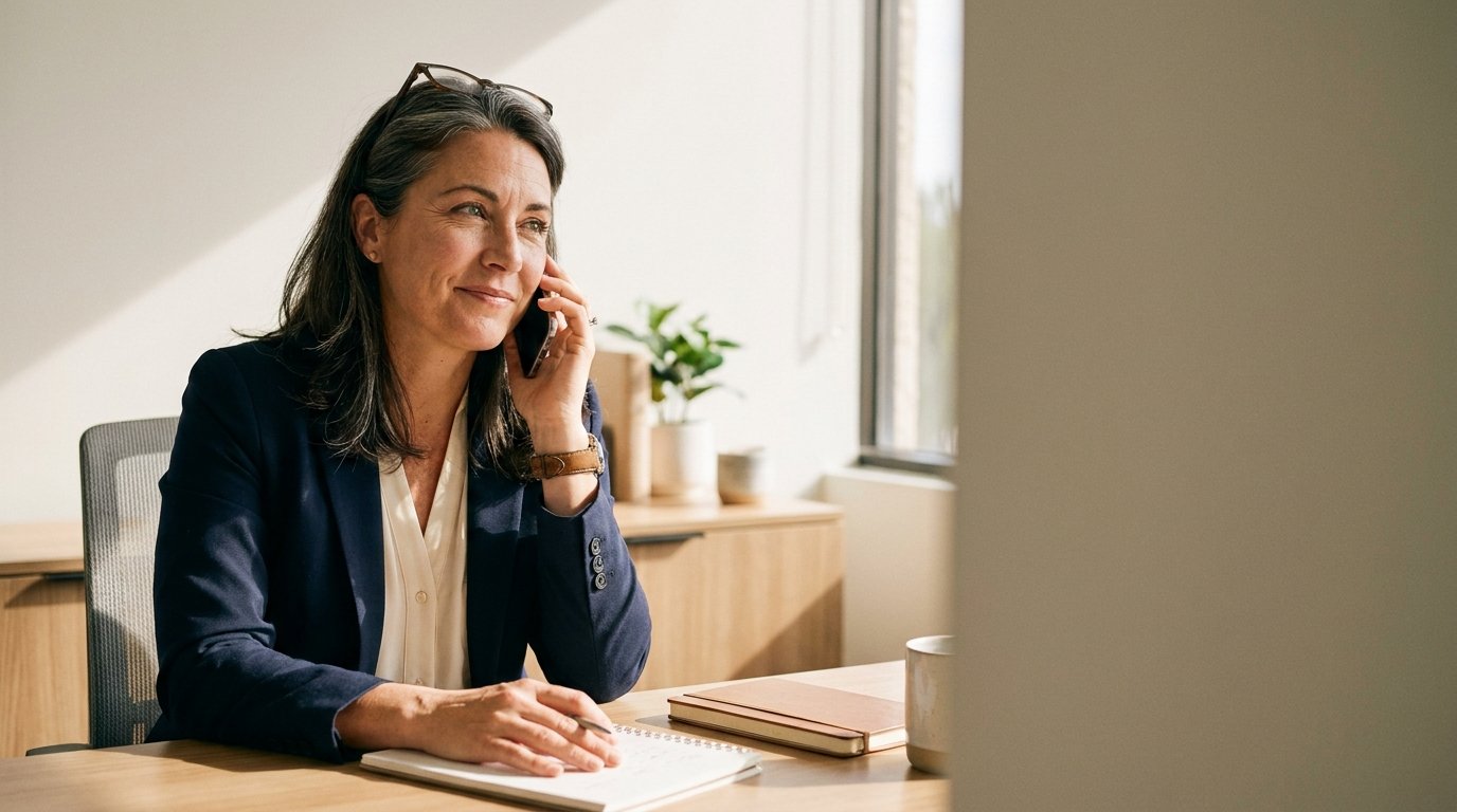 A woman in a blazer sits at a tidy office desk, phone held to her ear, listening with quiet focus in warm afternoon light.