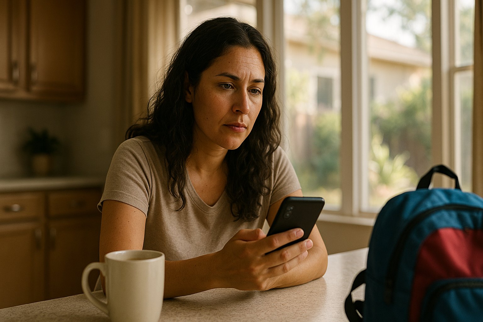 A woman in her late thirties sits in a warmly lit home interior, gaze directed off-frame with focused concentration, reading glasses pushed up into her hair.
