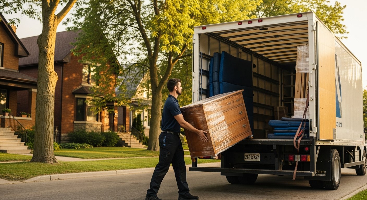 A uniformed professional mover carries a wrapped piece of furniture down the front steps of a Winnipeg home, with a moving truck visible in the driveway behind him.