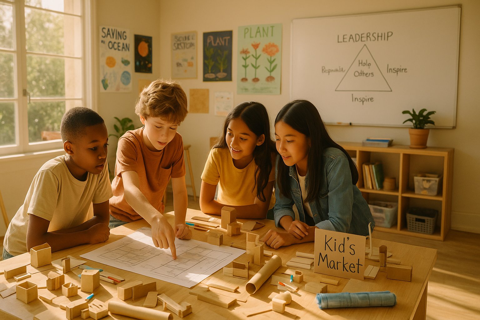A girl around age 11 stands at a worktable gesturing to seated peers while leading a collaborative project in a bright classroom.