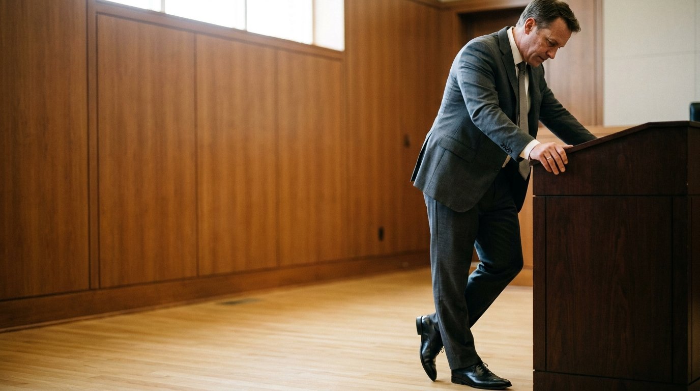 A man in a charcoal bespoke suit stands at a courtroom lectern, one hand resting on its surface, gaze directed downward with quiet authority.