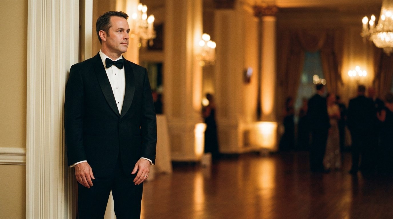 A man in a fitted black tuxedo stands at the threshold of a warmly lit formal ballroom, gaze directed forward into the room.