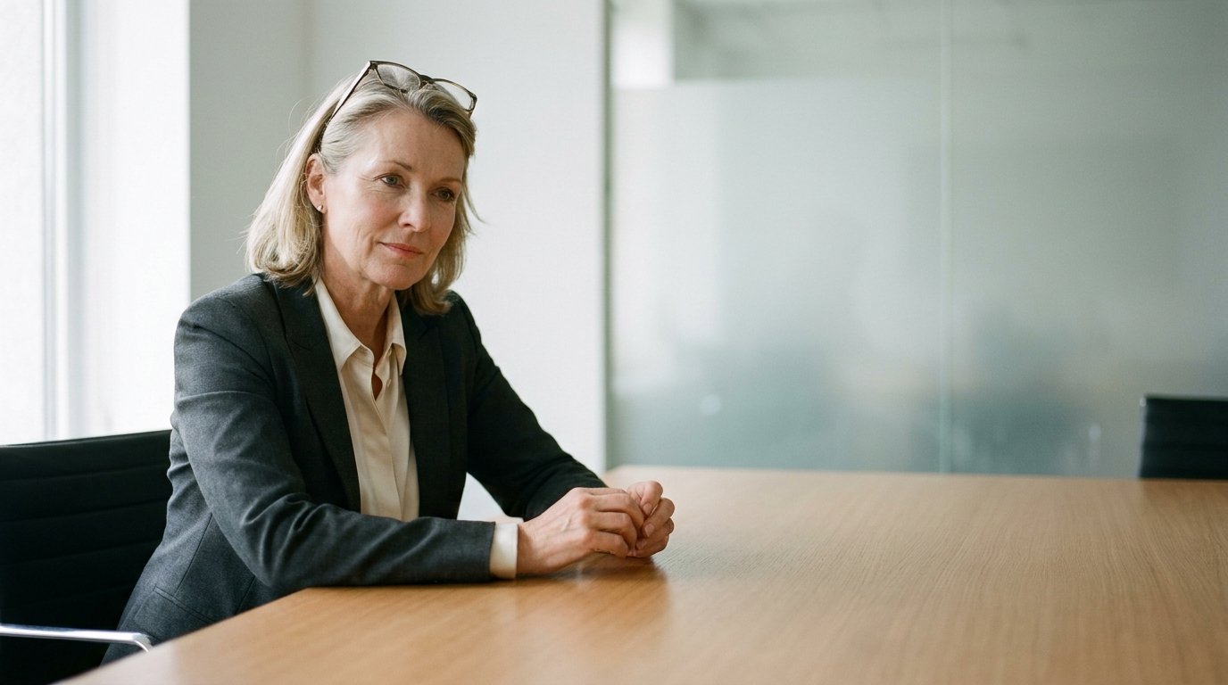 A woman in a tailored blazer leans forward at a conference table, hands clasped, with calm authority, in a softly lit professional office.