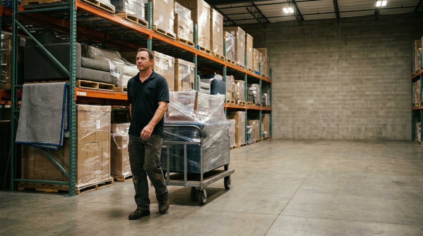 A moving company worker in a logoed polo shirt pushes a dolly of shrink-wrapped furniture through a large organized warehouse storage bay.