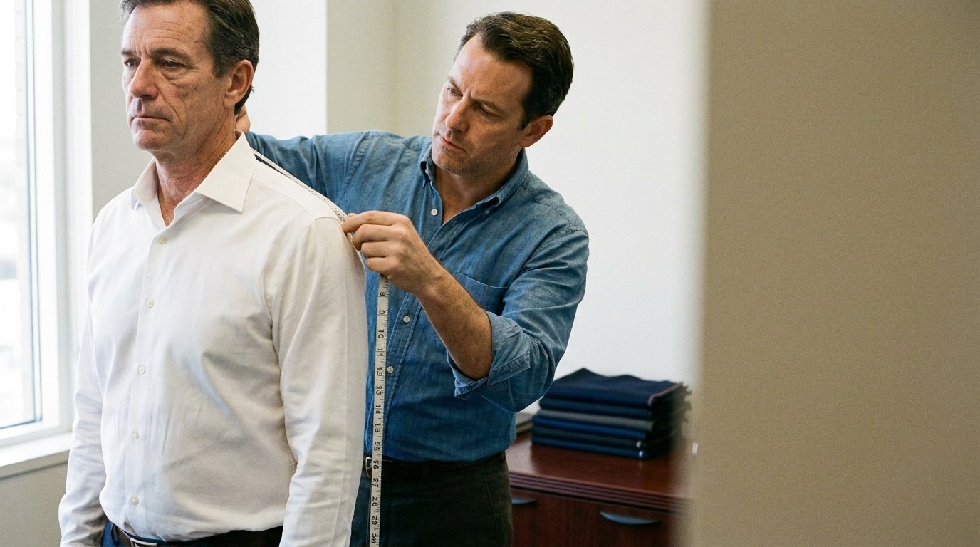A clothier measures the shoulder of a man in a dress shirt during a private fitting in a polished office.
