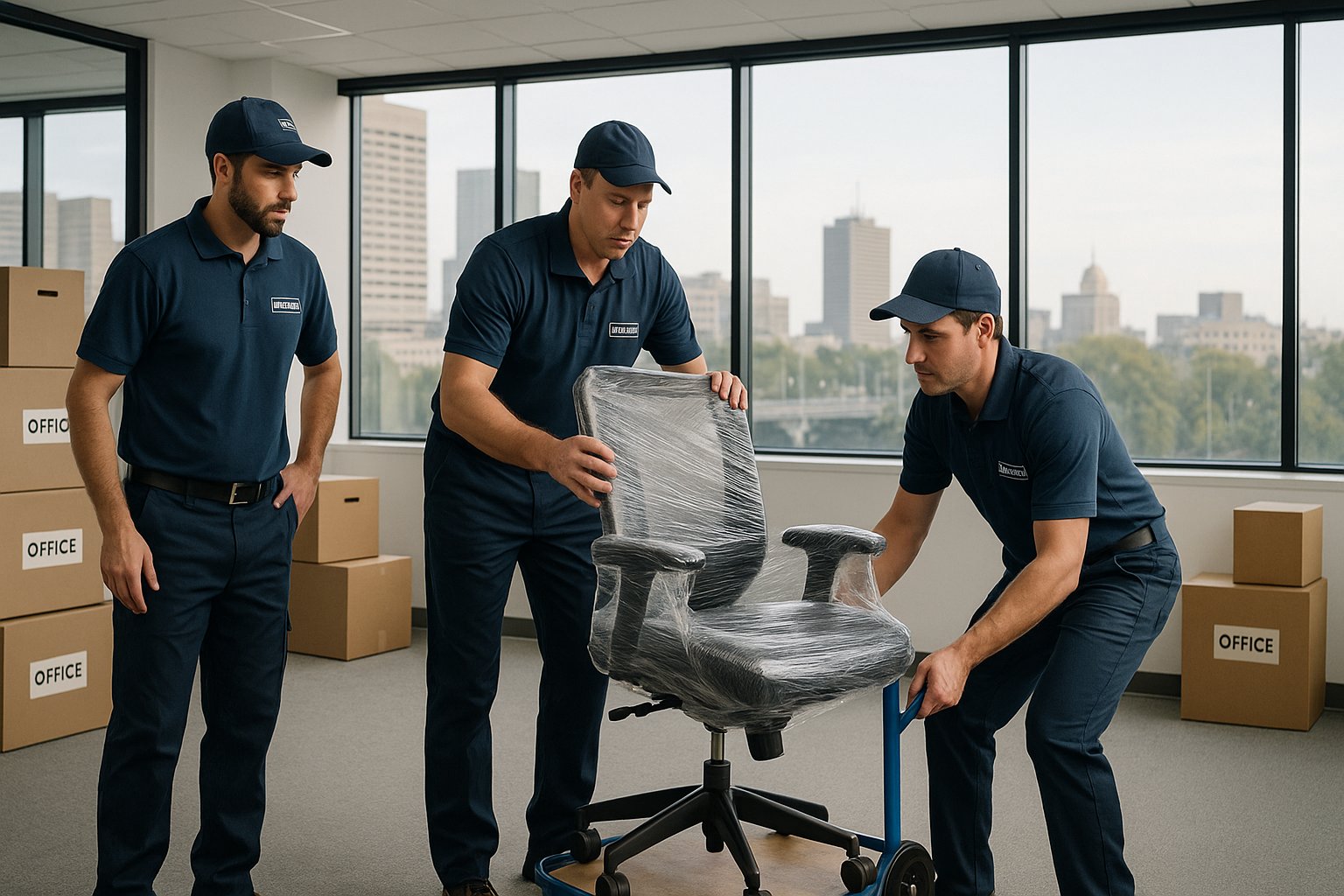 A professional mover in branded workwear talks with a building facilities manager at a Winnipeg office tower loading dock at early morning, a moving truck visible behind them.