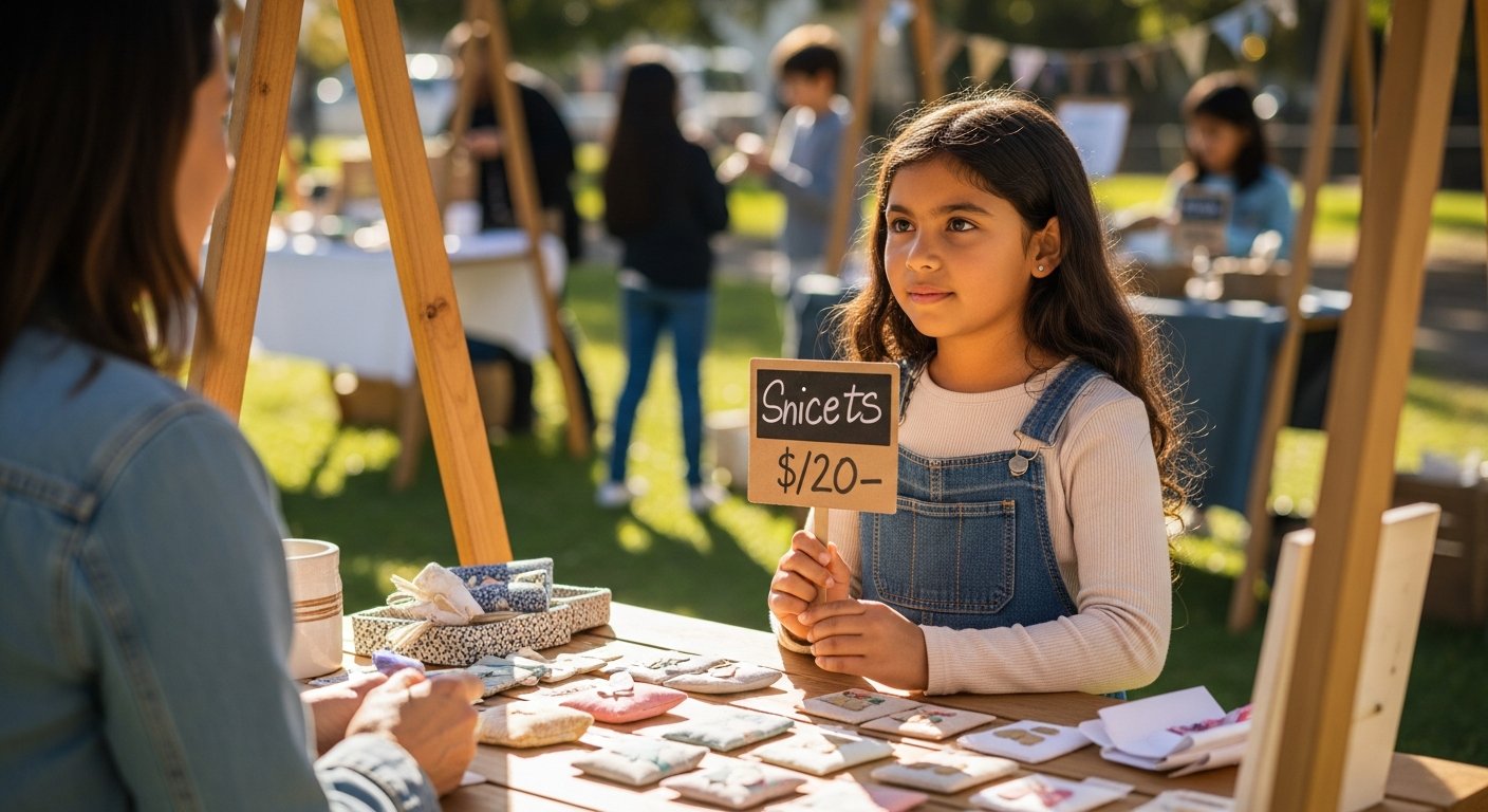 A child of about ten stands behind a product-stocked market table, hand extended toward an adult customer in a live transaction at an outdoor marketplace.