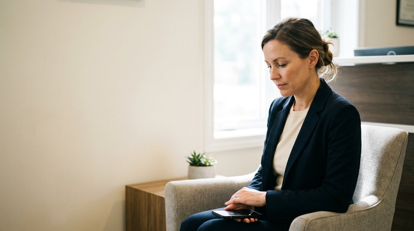 A woman in a blazer sits in a service business waiting area, holding her phone face-down in her lap, gazing downward with a calm, thoughtful expression.