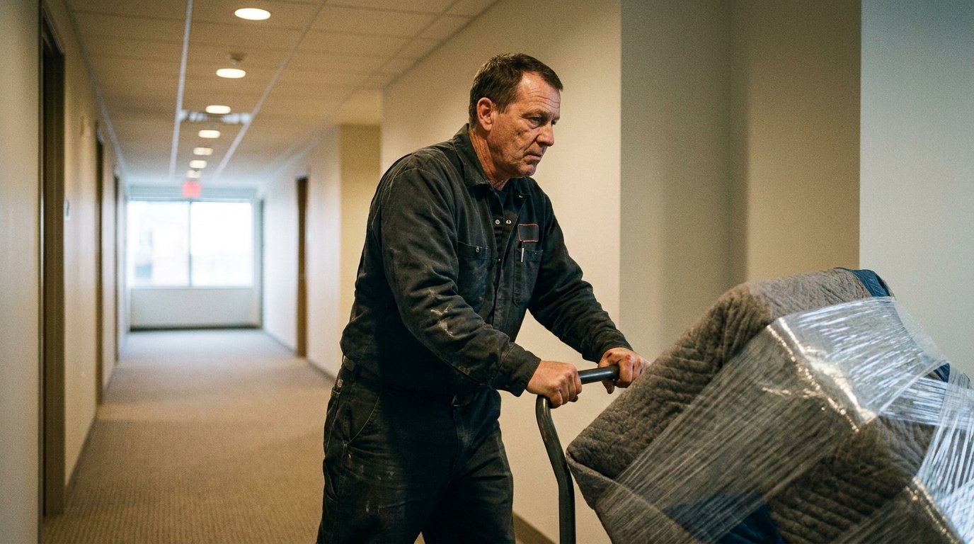 A uniformed mover carefully guides a large wrapped unit on a dolly through the empty corridor of a vacated commercial office.