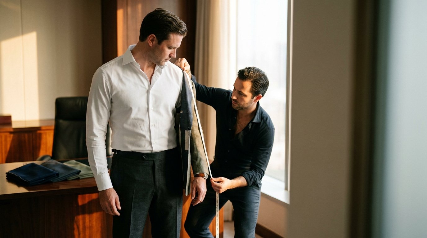 A tailor measures the sleeve of a male executive standing in his private office, fabric swatches spread across the desk beside them.