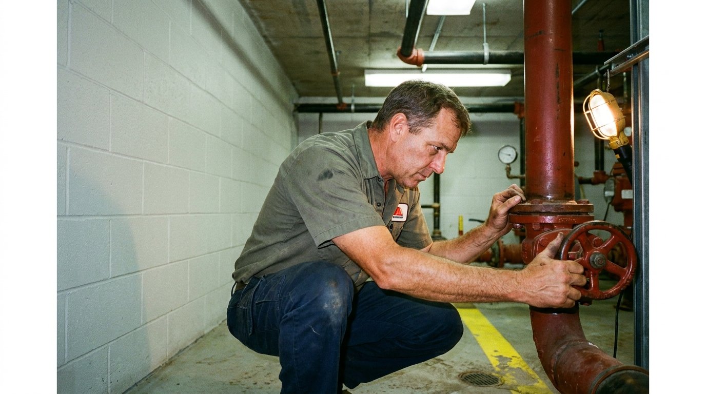 Fire protection technician in work clothes stands at a commercial sprinkler riser assembly in a mechanical room after completing an internal pipe inspection.