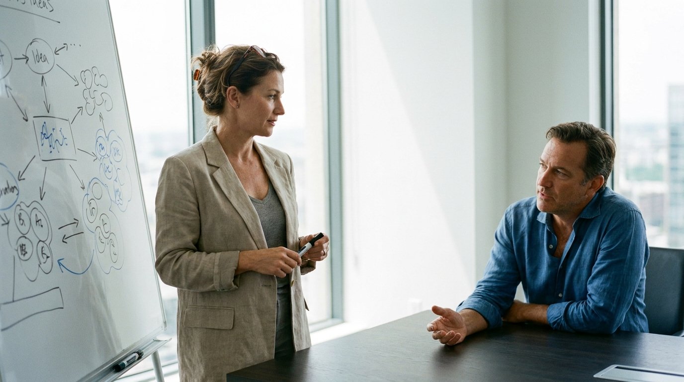 A woman in a blazer leans forward at a conference table, pen in hand, engaged in focused conversation with colleagues out of frame.