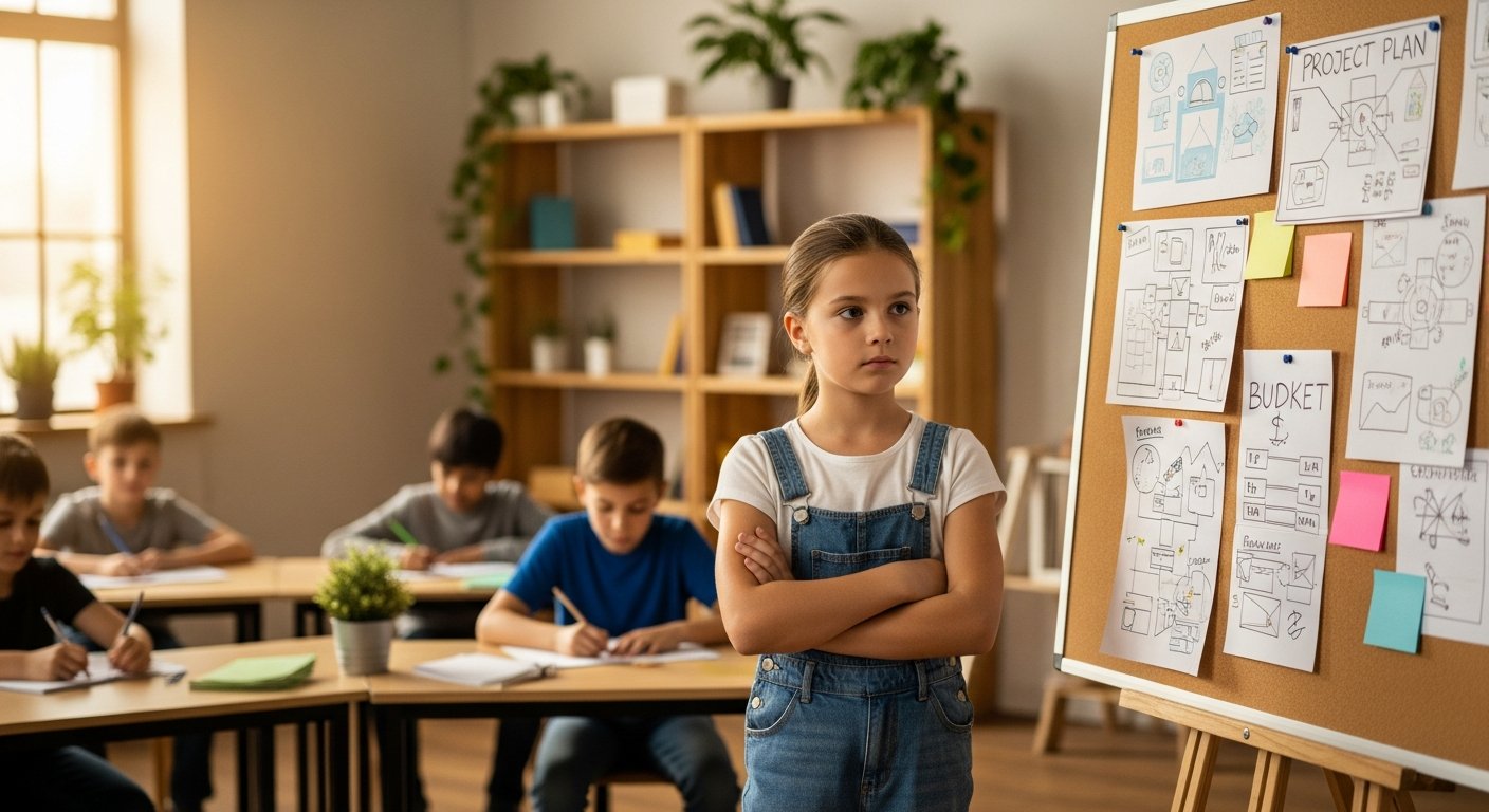 A young teenager stands at the front of a sunlit campus room presenting a handbuilt prototype to two seated adults leaning forward to listen.