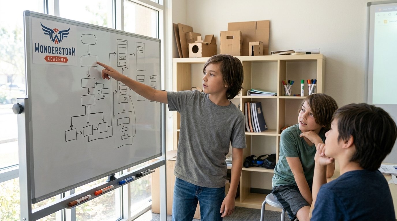 A teenager leads a small mixed-age group of students around a project table covered with prototype materials in a sunlit open campus workspace.