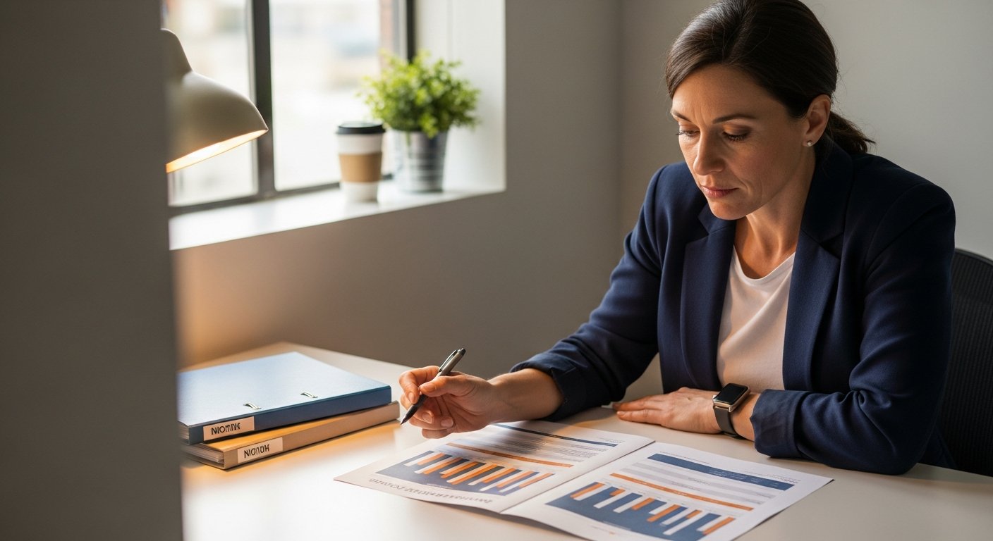 A woman in business casual attire stands behind a clean front counter of a small professional business, an idle desk phone beside her, her gaze distant.