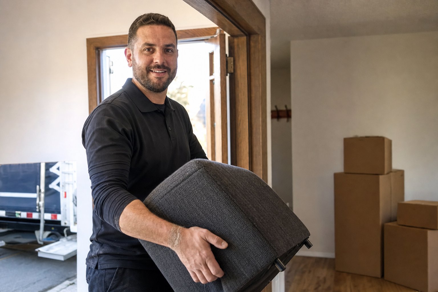 A moving crew member in branded workwear carries furniture through the open front door of a Winnipeg home, with neatly stacked boxes already inside.