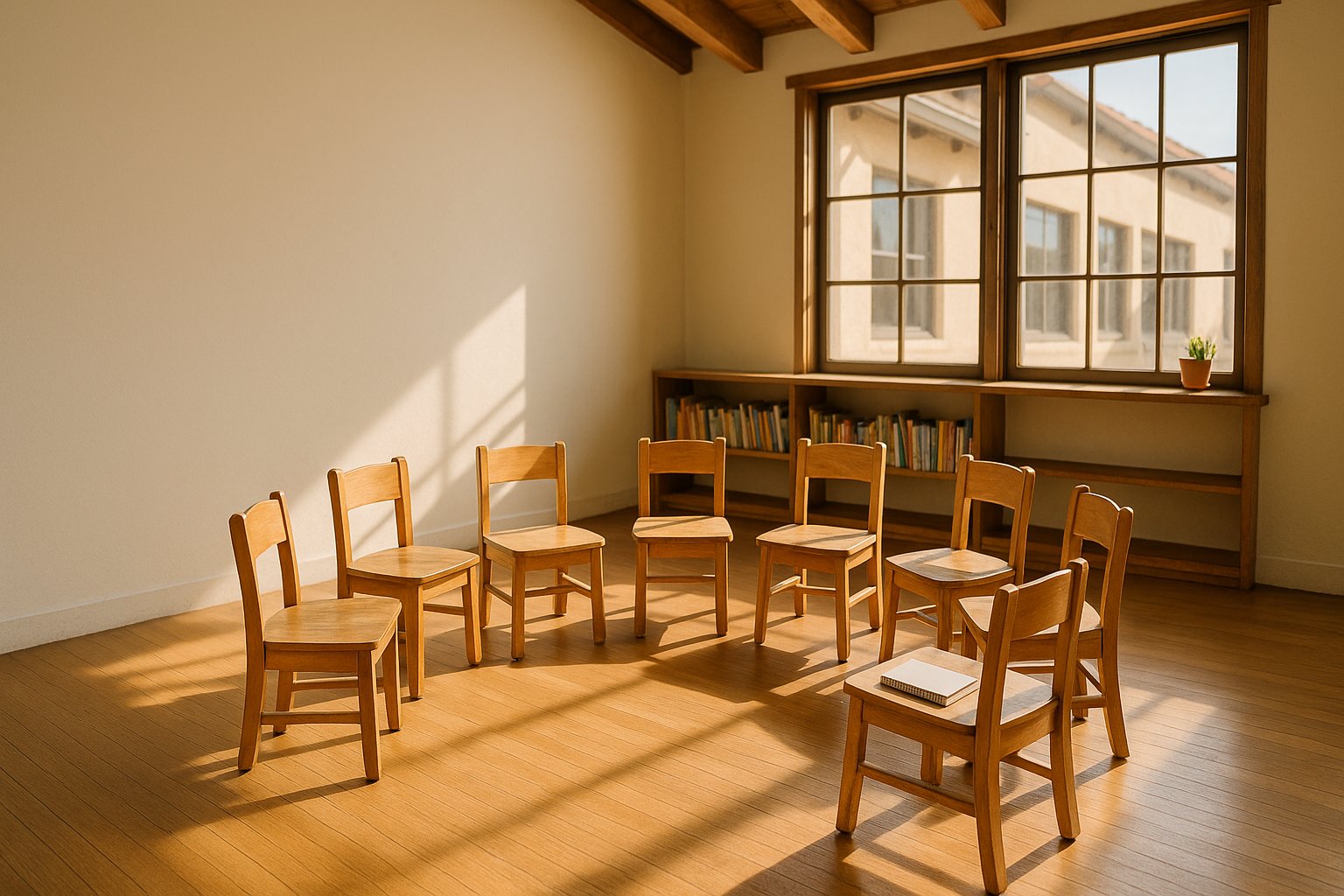 An educator crouches beside a young student at a wooden worktable, pointing at handmade project materials in a small, sunlit classroom.