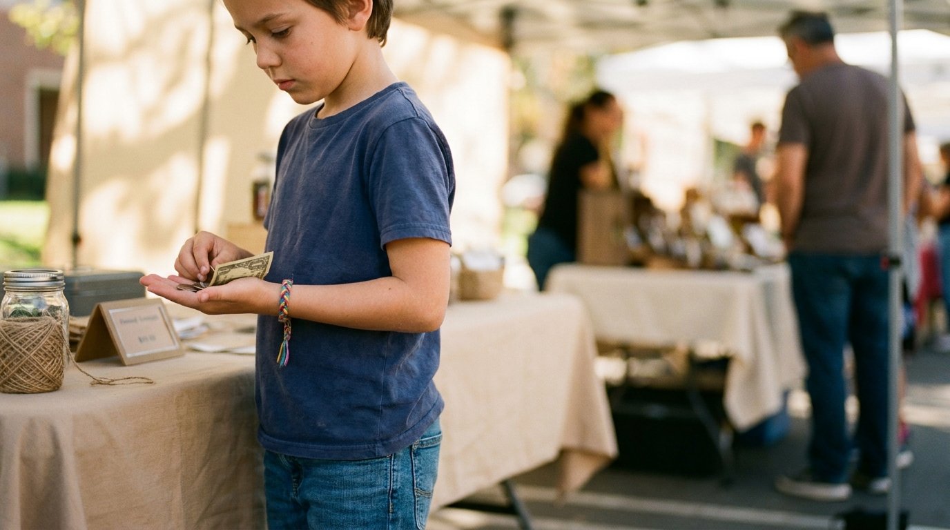 A young child stands behind a small market table outdoors in California sunlight, counting coins in an open palm after making a sale.