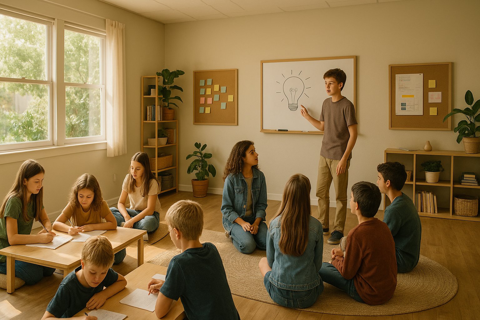 A teenage girl stands confidently beside a project display in a bright studio classroom, gesturing mid-presentation to seated peers around her.