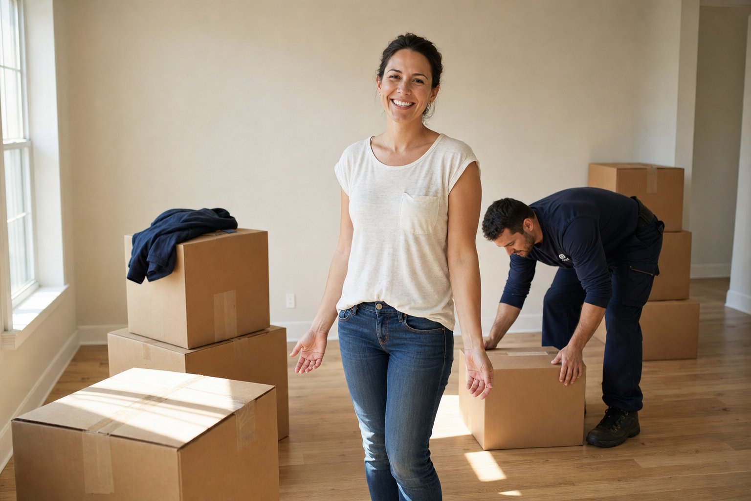 A woman in her thirties smiles at the camera inside an empty new home as a uniformed mover sets the last cardboard box on the floor.