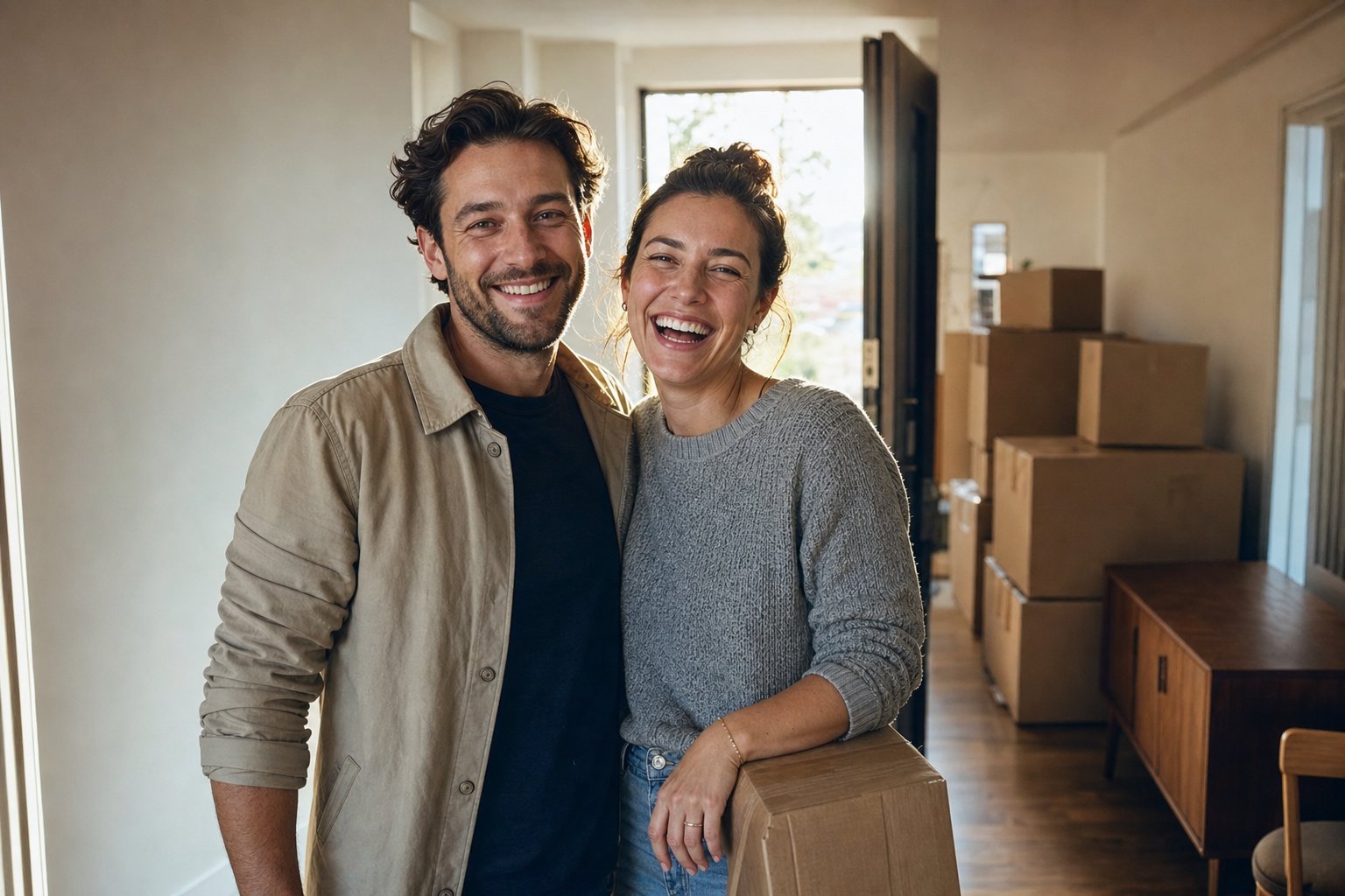 A couple in their early thirties laughs together just inside the front door of their new home, surrounded by neatly stacked moving boxes.