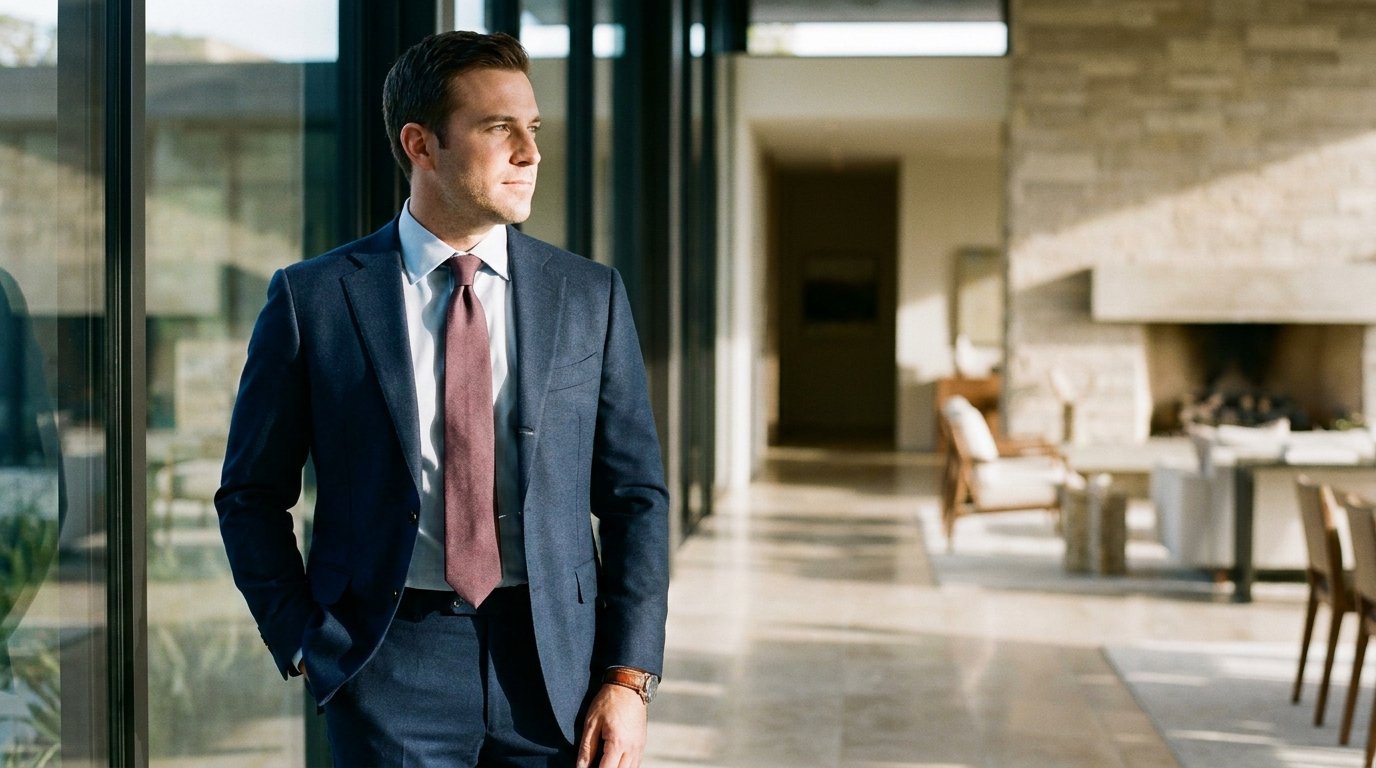 A man in a precisely fitted dark bespoke suit stands in a sunlit high-end interior, his gaze directed across the polished room.
