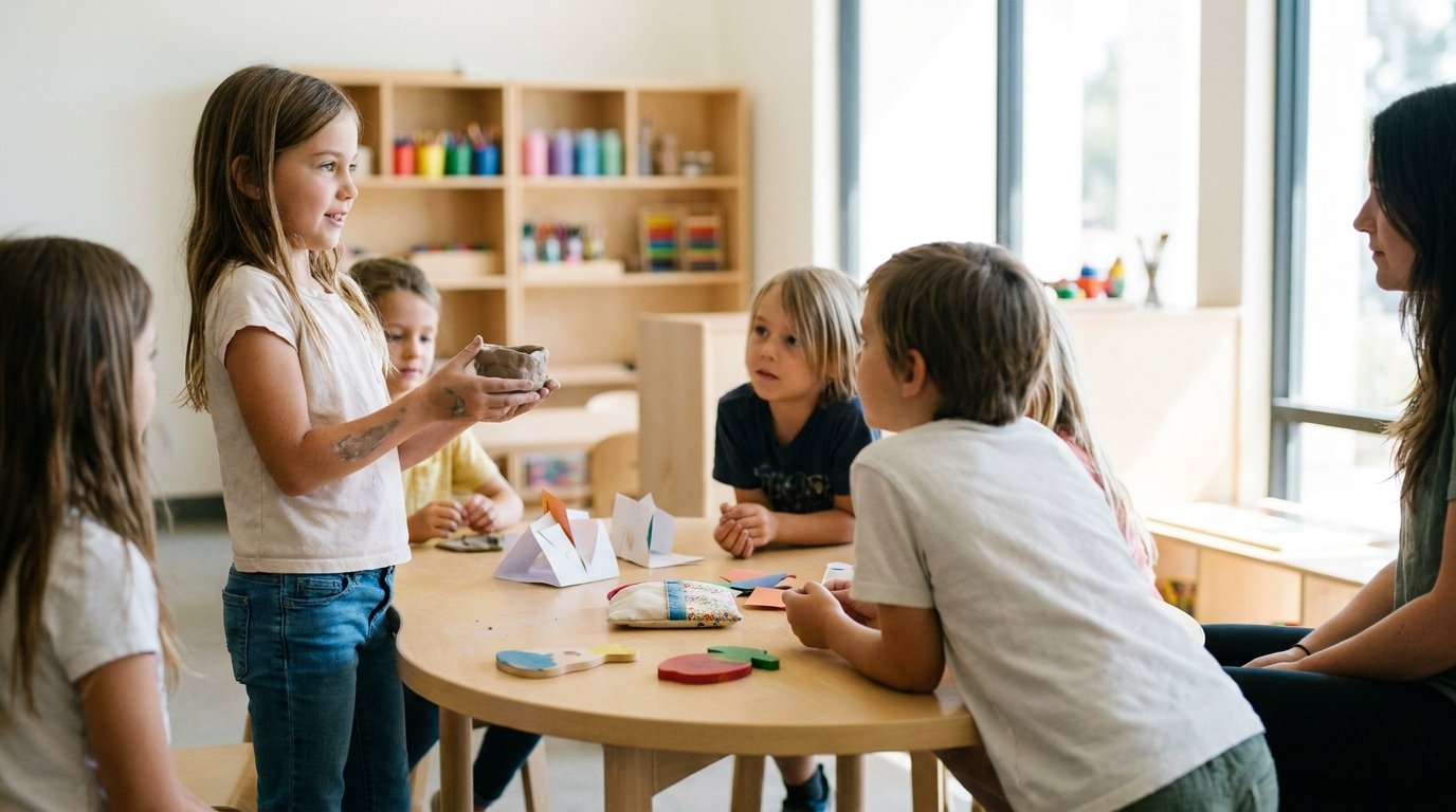 Elementary-age girl holds a handmade item and presents it to classmates gathered around a low table in a bright studio classroom.