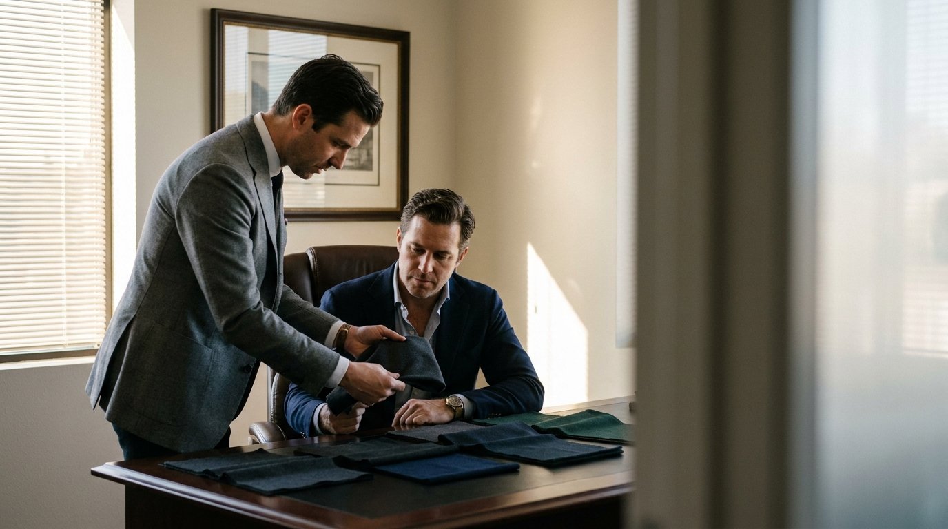A tailor in a grey sport coat presents fabric swatches to a suited executive seated at a polished desk in a private office.