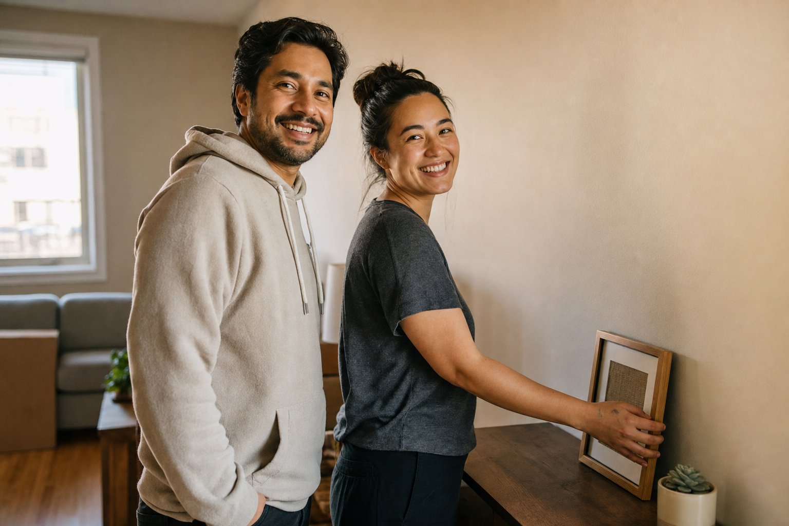 A couple in their mid-thirties smile directly at the camera in a warmly lit living room with furniture in place and a few closed moving boxes nearby.